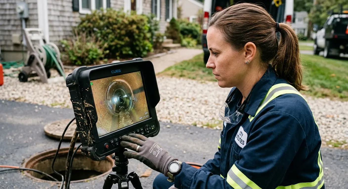 Technician reviewing sewer camera inspection footage in Shelby