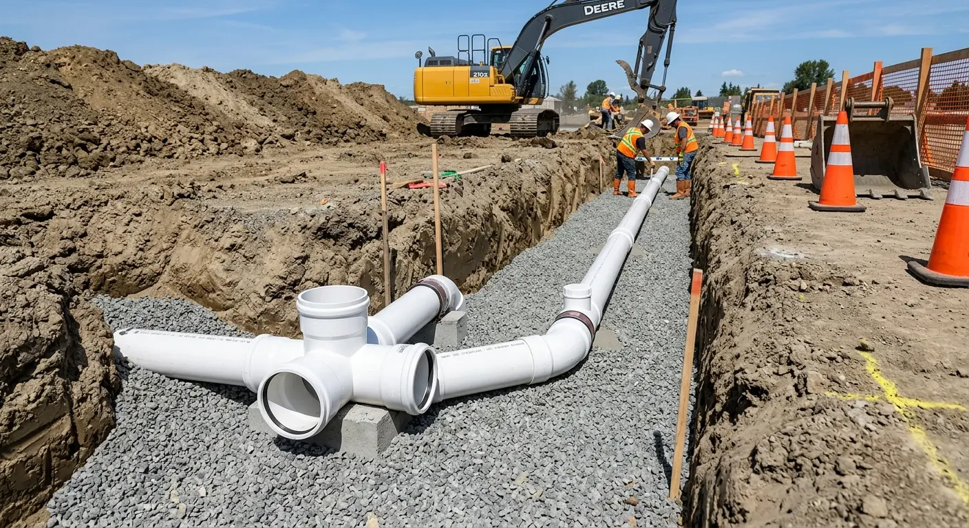New PVC sewer pipe installation in open trench for Sewer Backup in Shelby